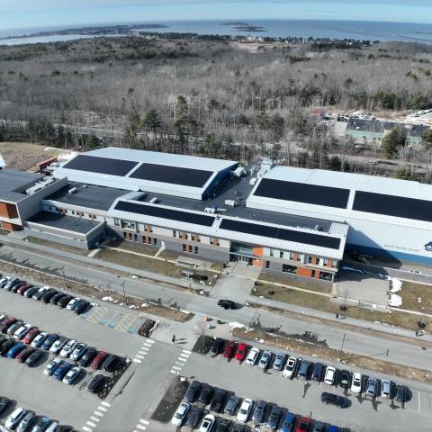 A solar array is shown on the roof of the Harold Alfond Forum in Biddeford